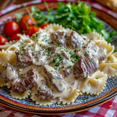 Beef and Farfalle Pasta with Alfredo Sauce