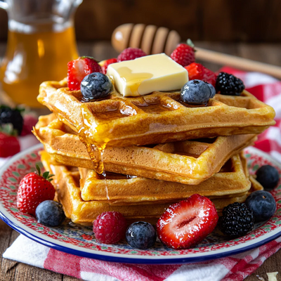 Cornmeal Waffles with Honey Butter Syrup