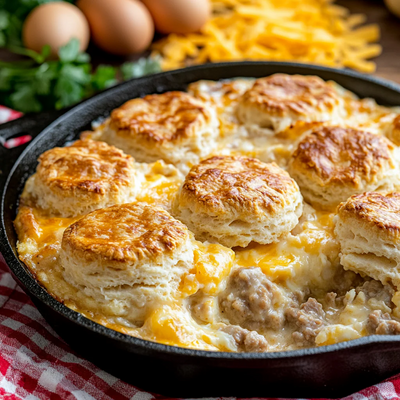 Breakfast Pot Pie with Biscuit Rounds
