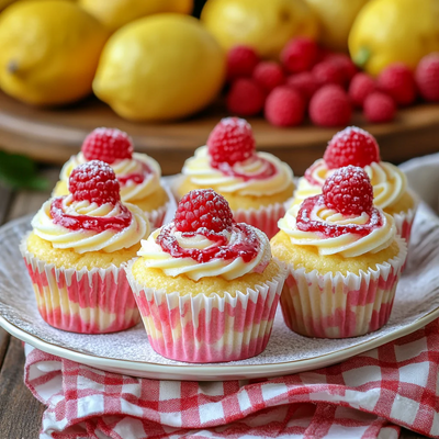 Lemon Cupcakes with Lemon Frosting and Raspberry Sauce