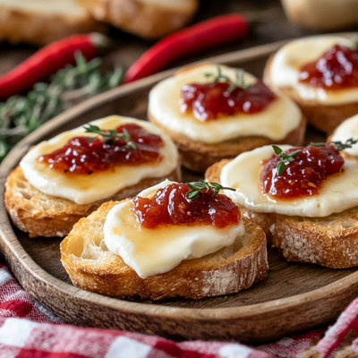Toasted Melted Brie Crostini with Sweet Chili Sauce