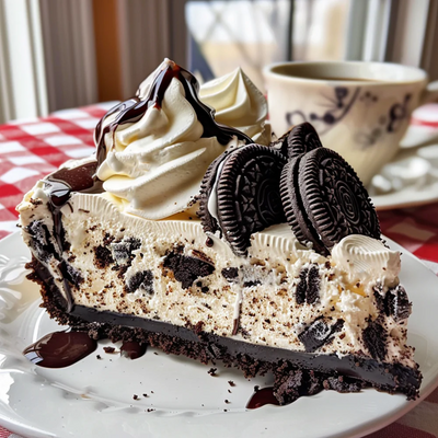 Easy No-Bake Oreo Cheesecake with Whipped Cream and Chocolate Drizzle