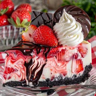 Delicious No-Bake Strawberry Cheesecake with Chocolate Wafer Crust and Strawberry Swirl